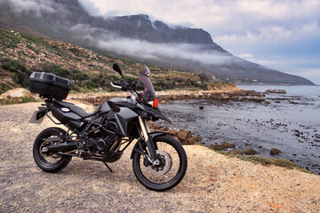 Black Adventure Motorcycle Parked with View of the Twelve Apostles, Cape Town, South Africa
