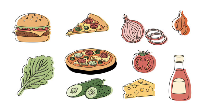 pizza burger latuce fire pizza slice sauce cucumber cheese tomato and fire line art Ai with colour