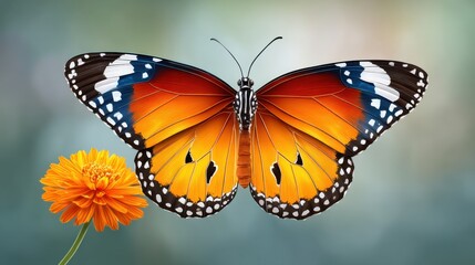 Fototapeta premium Colorful butterfly with orange and black wings hovering near a bright orange flower against a soft blurred background