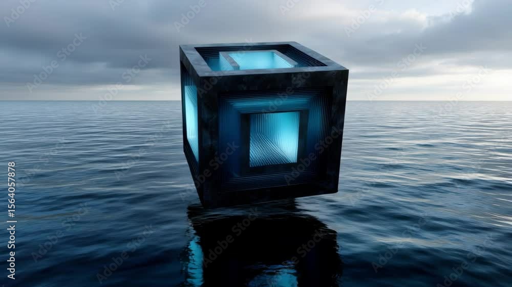 Poster abstract 3d cube with blue backlight hovering over calm sea surface under cloudy sky with reflection