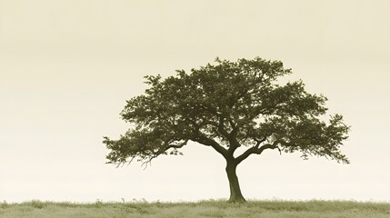 Solitary Oak Tree in Serene Field Landscape Photography