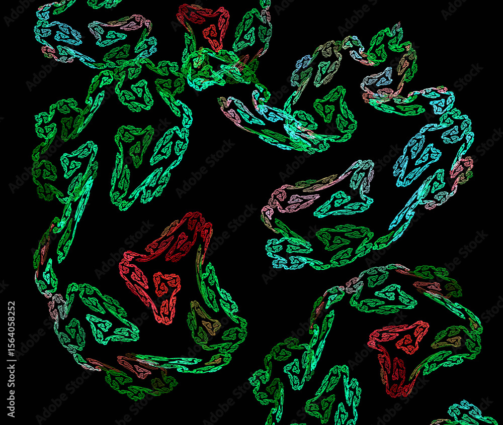Poster abstract fractal colorful dynamic background. green, red and blue spirals are connected in winding c