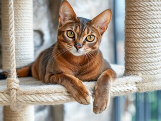Abyssinian cat lies relaxed on a jute scratching post, cozy indoor pet scene with natural light.