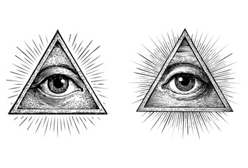 All Seeing Eye in Triangle &ndash; Vintage Engraving Illustration Vector and PNG Isolated on Transparent Background