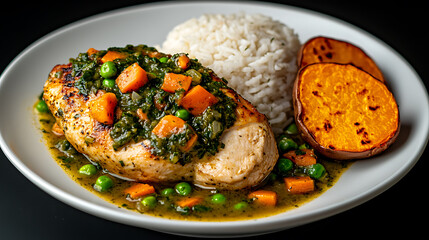 Gourmet Chicken Dinner: A succulent chicken breast served with vibrant vegetables, fluffy rice, and sweet potato slices for a balanced meal.