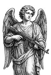 Angel Holding Assault Rifle &ndash; Dark Religious Engraving Illustration &ndash; Vector and PNG Isolated on Transparent Background
