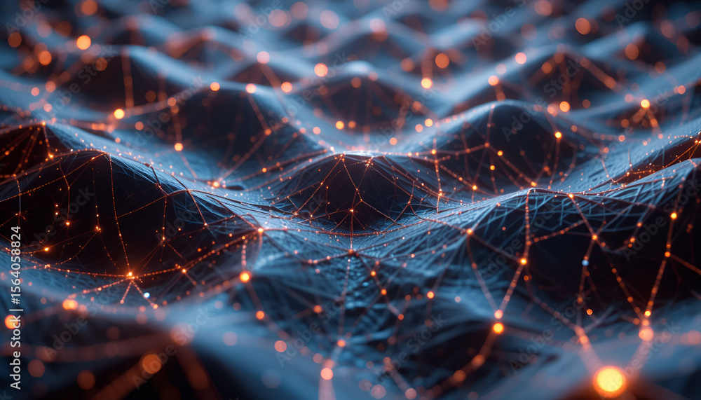 Poster glowing network nodes connect across a deep blue topological surface, suggesting advanced tech or co