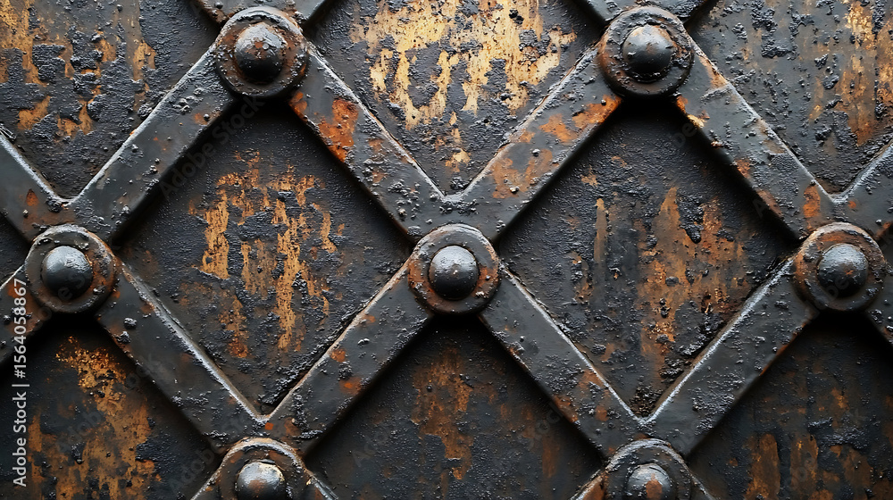 Poster textured surface of an old metal gate with diamond pattern and rivets showing rust and wear