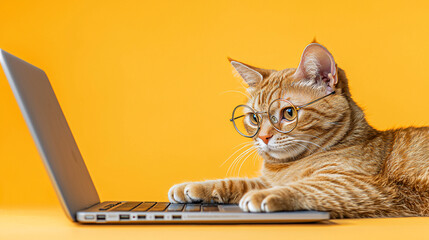 Smart Cat Working on Laptop  Funny Orange Tabby on Computer