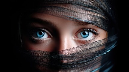 Woman with striking blue eyes partially covered by black sheer fabric creating a mysterious look