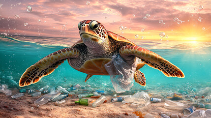Obraz premium Sea Turtle Entangled in Plastic Pollution Ocean Conservation