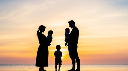 Silhouette Family Sunset Beach Cherishing Moments Together