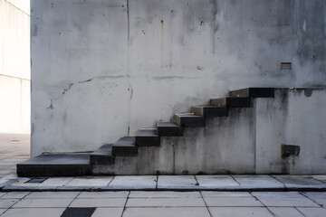 Side perspective of a concrete staircase adjacent to a concrete wall outside a structure