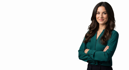 Confident businesswoman with dark wavy hair wearing a teal blouse and black pants