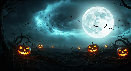 Spooky halloween night with glowing jack o lanterns and bats flying under a full moon