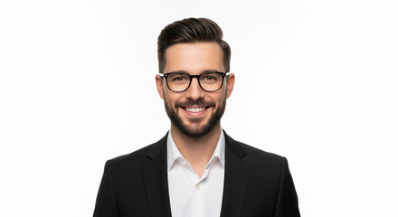 Smiling businessman with beard and glasses wearing a black suit on white background