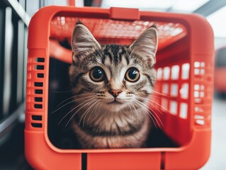 Striped tabby cat sits calmly inside a red plastic pet carrier, looking alert and curious.