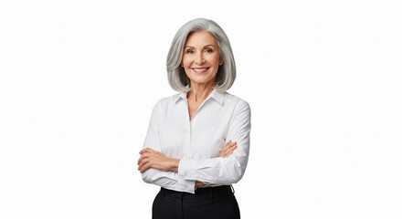 Confident mature woman with elegant grey hair wearing a white blouse and black pants