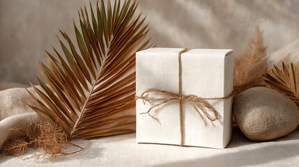 Obraz premium Elegant Gift Box with Natural Elements in Neutral Earth Tones Still Life
