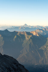 Monte Viso in Cottian Alps from Rocciamelone in Graian Alps in Italy duringg summer early morning...