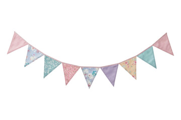 Colorful fabric bunting garland with pastel triangular flags on transparent background