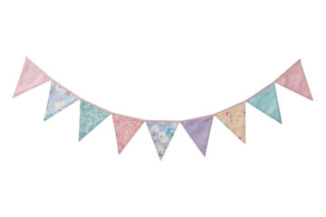 Colorful fabric bunting garland with pastel triangular flags on transparent background