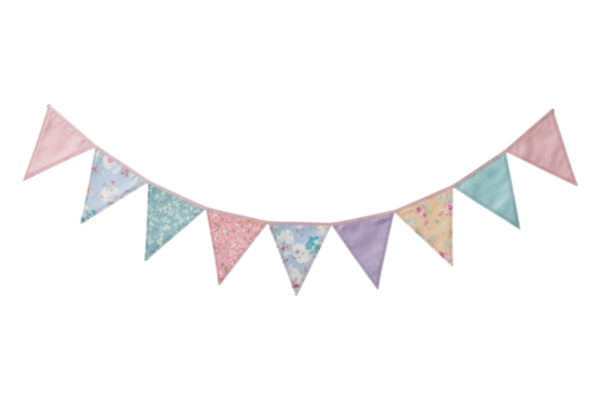 Colorful fabric bunting garland with pastel triangular flags on transparent background