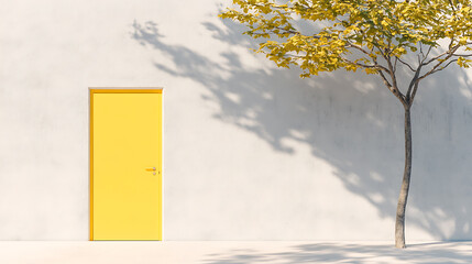 Bright yellow door on a white wall, next to a leafy tree casting shadows. A minimalist outdoor scene bathed in warm light.