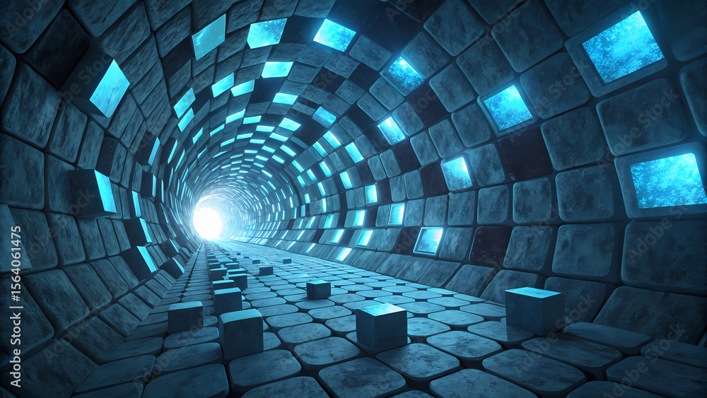 Poster abstract tunnel background with glowing cubes and light at the end of the tunnel design concept