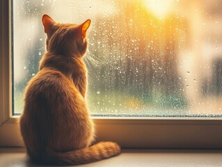 Ginger cat sits on a windowsill, gazing outside at the rain falling softly in gray daylight.