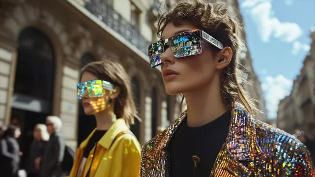 Two models in oversized, iridescent sunglasses stroll a city street