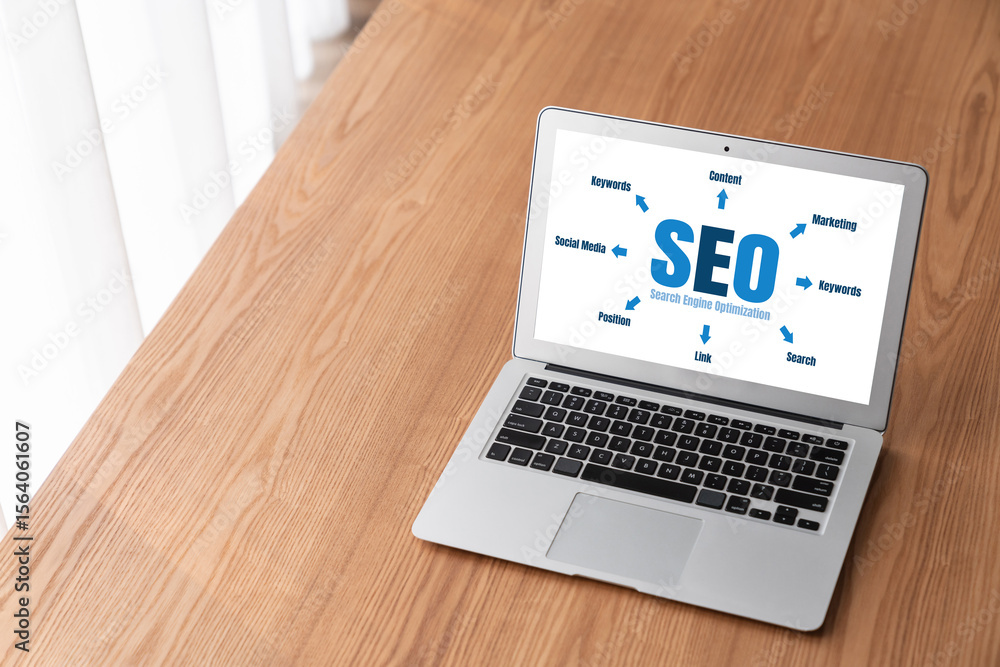 Poster seo search engine optimization for modish e-commerce and online retail business showing on computer 