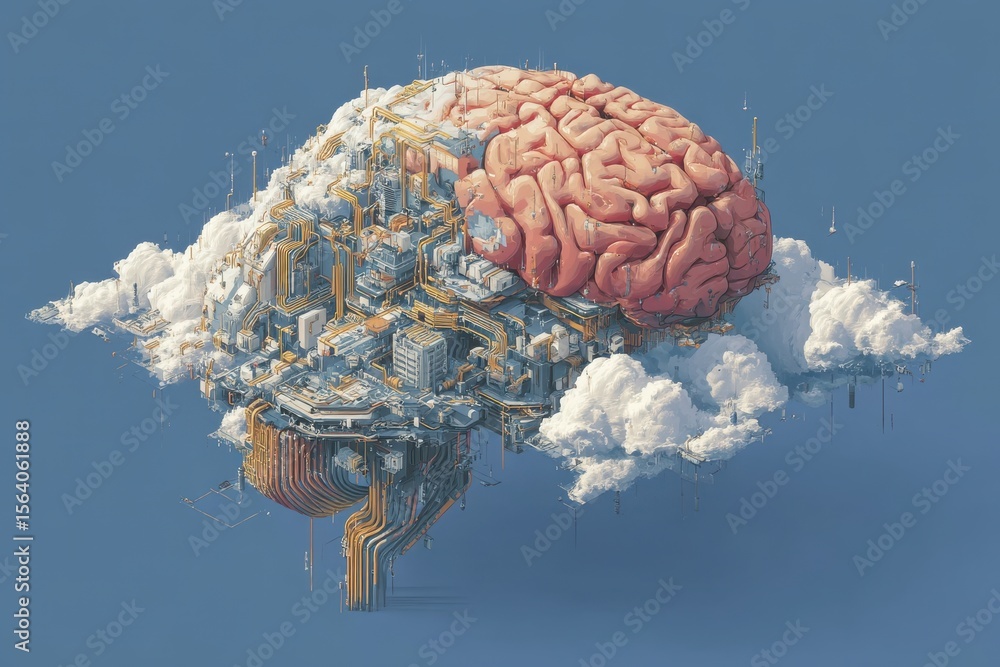 Poster surreal depiction of a brain merging with intricate technological city structures