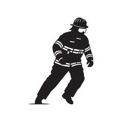 Black silhouette of a firefighter in protective gear running isolated on white background silhouette