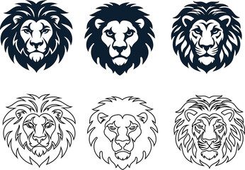  lion face icon set in flat and outline for safari brand logos and wild animal signs.