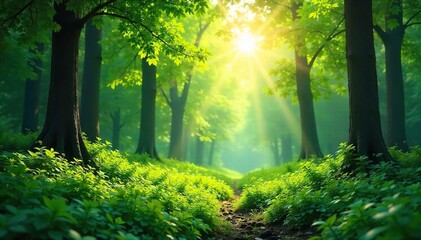 Fototapeta premium Serene Sunlight Dappling Through Lush Green Rainforest Canopy Peaceful Nature Background