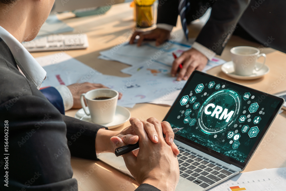 Poster customer relationship management system on modish computer for crm business and enterprise