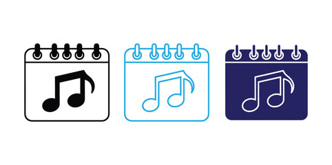 calendar line icon,calendar icon,calendar logo,calendar vector,Stylish reminder of musical events with calendar icon variations in black, blue outline, and solid fill for engaging graphic designs.