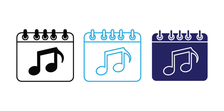 calendar line icon,calendar icon,calendar logo,calendar vector,Stylish reminder of musical events with calendar icon variations in black, blue outline, and solid fill for engaging graphic designs.