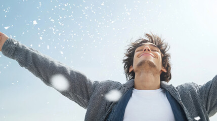 Joyful person with arms outstretched, feeling proud and free in snowy environment, radiating happiness and positivity