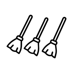 Three brooms arranged in a row with simple design and outlines  