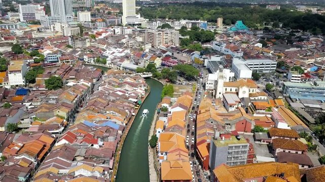 Aerial view of the historic city of malacca with its river in malaysia