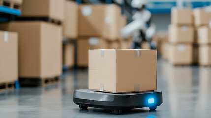 Autonomous Delivery: Automated guided vehicle carrying package in distribution center. Logistics technology for modern shipping solutions, warehouse efficiency.