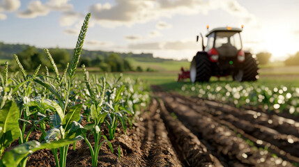 Photorealistic image of tractor serene countryside field with green crops growing neat rows, capturing essence of agriculture