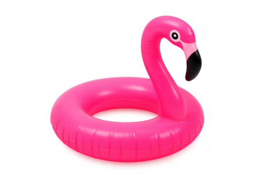 Bright pink inflatable flamingo pool float with a transparent background, perfect for summer fun and poolside relaxation