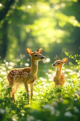 Two deer fawn standing in a green meadow