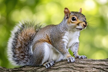 Cute squirrel sitting on tree branch in the forest
