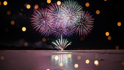 Dazzling fireworks illuminate a dark winter night sky over a snowy expanse with festive bokeh lights creating a magical atmosphere.
