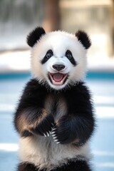 Obraz premium Panda gliding gracefully on ice while skating on hind legs in a winter wonderland