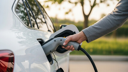 Charging a sleek electric vehicle showcases a sustainable transportation solution for cleaner energy and a greener future.